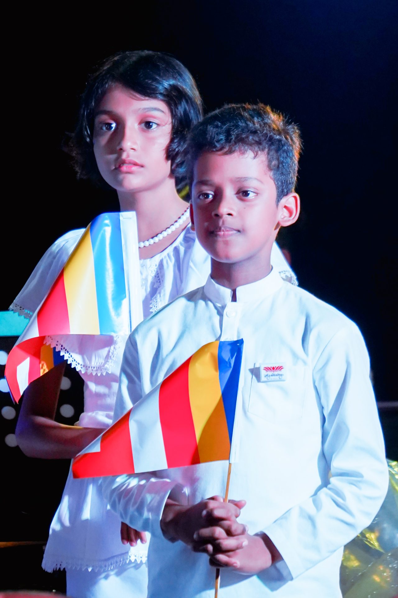 Children holding colorful flags in formal attire at a ceremony.