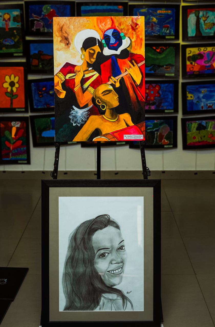 Vibrant Painting and Detailed Sketch at Art Exhibition Art exhibition showcasing vibrant painting and detailed pencil sketch, highlighting diverse artistic styles.