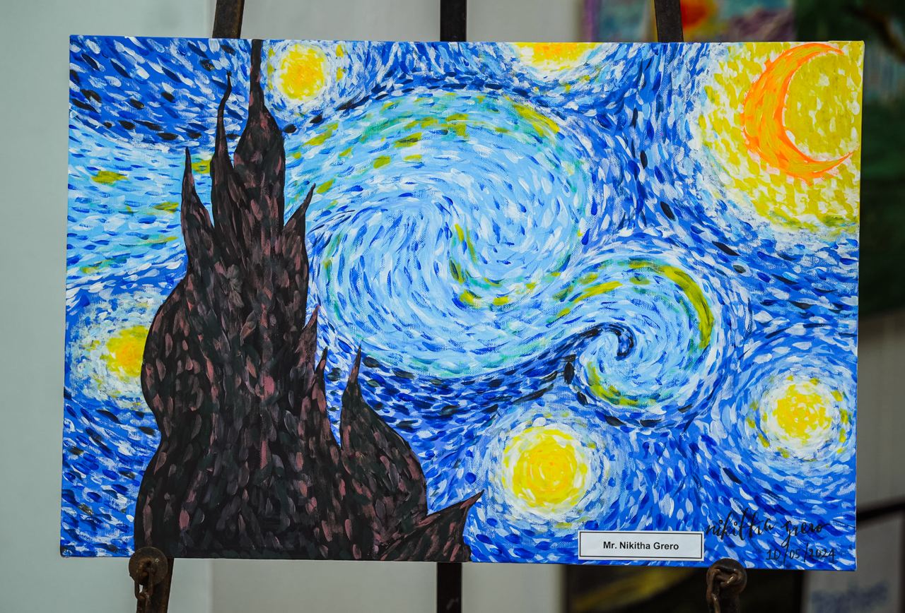 Vibrant Swirling Night: Homage to Van Gogh Inspired by Van Goghs The Starry Night, vibrant painting with swirling sky and dark cypress tree.