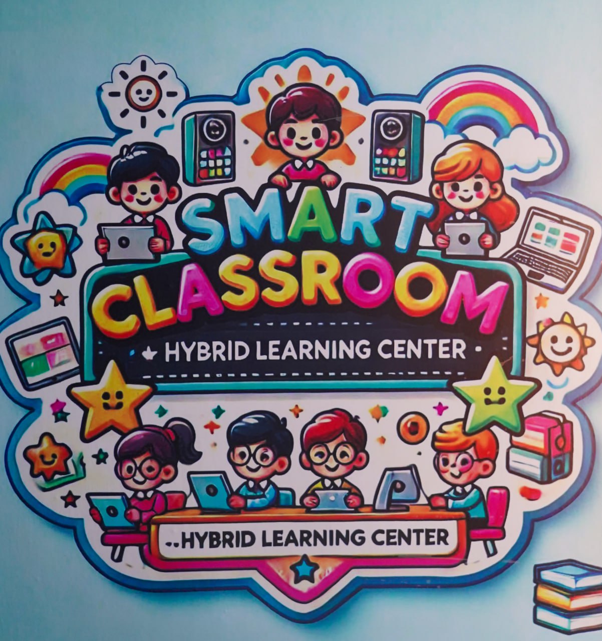 Smart Classroom: Engaging Hybrid Learning Illustration Vibrant illustration of a diverse, technology-driven smart classroom with engaging educational symbols.