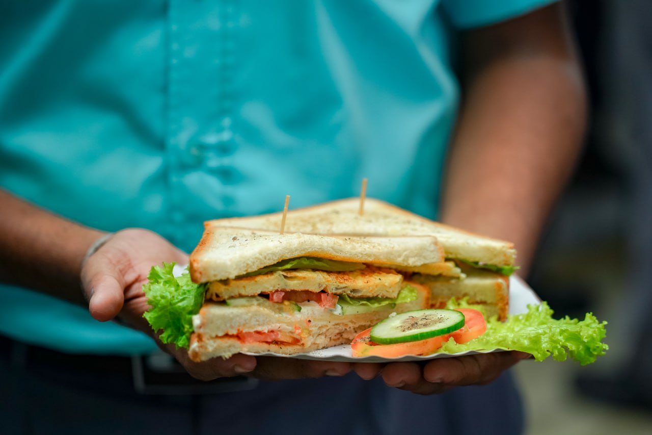 Gourmet veggie sandwich with crispy patties, fresh tomatoes, and lettuce, held in turquoise shirt.