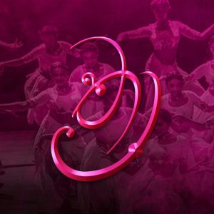 Women performing traditional dance in magenta lighting with floral costumes and a bold artistic pink emblem.