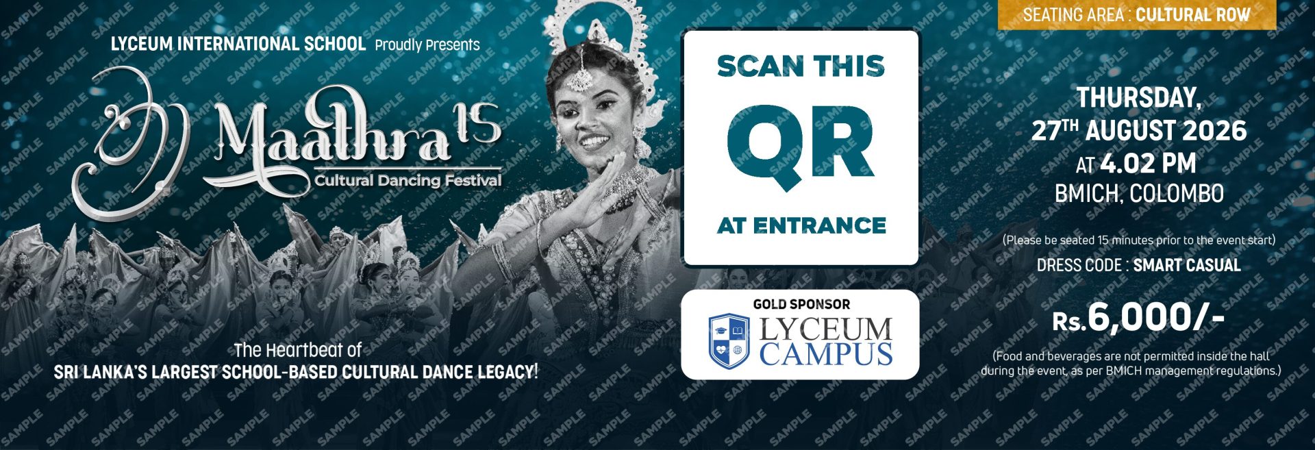 Maathra 15: Sri Lankan School Cultural Dance Festival Poster Sri Lankan cultural dance festival poster with dancers, event details, QR code, and Lyceum International School branding.