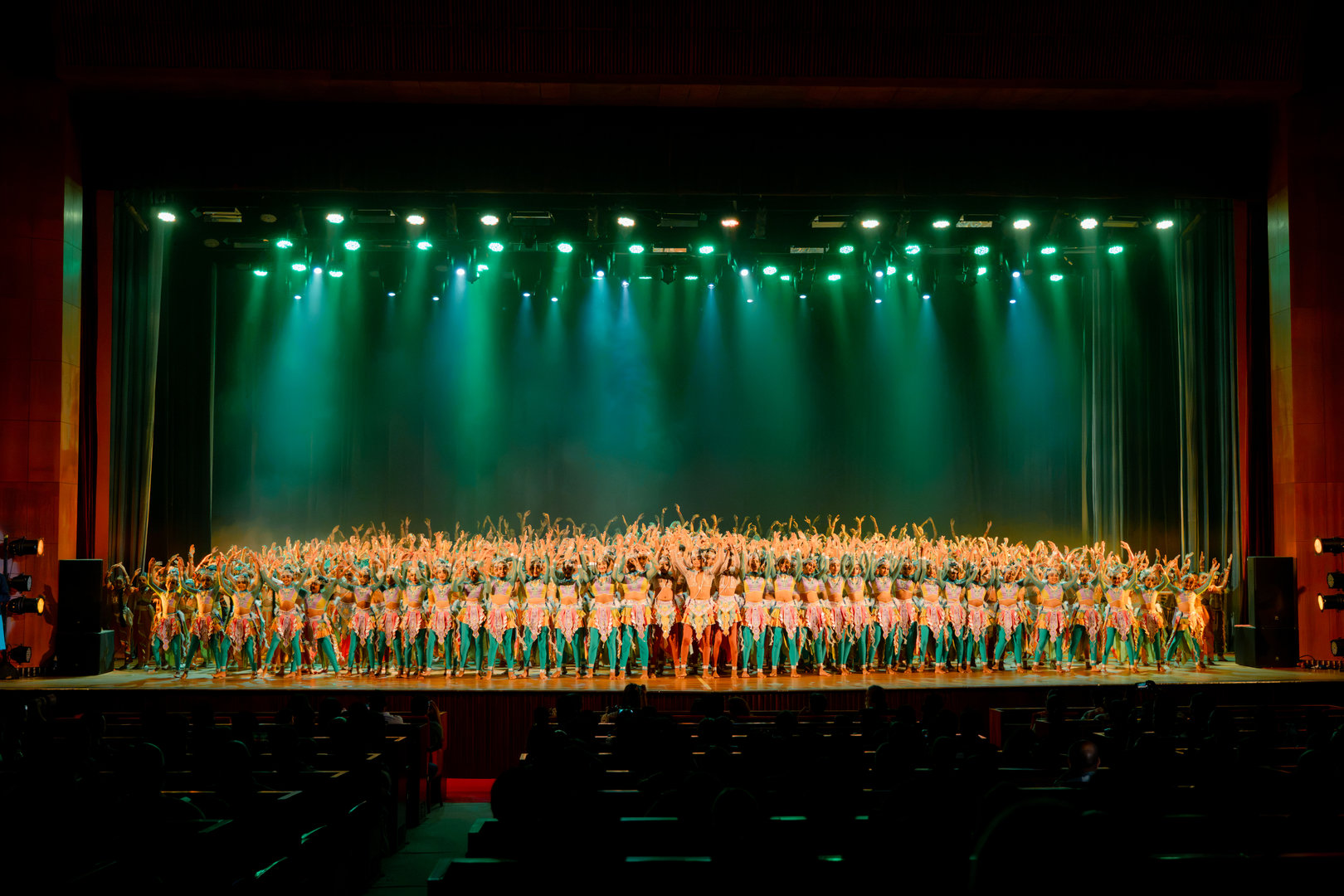 Spectacular Dance Performance on a Grand Theater Stage Grand theater stage filled with dancers in colorful costumes performing under vivid green spotlights.