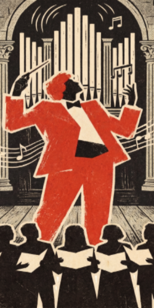 Maestro in Red Conducts Choir With Grand Pipe Organ Stylized conductor leading choir and orchestra with pipe organ in grand concert hall illustration.