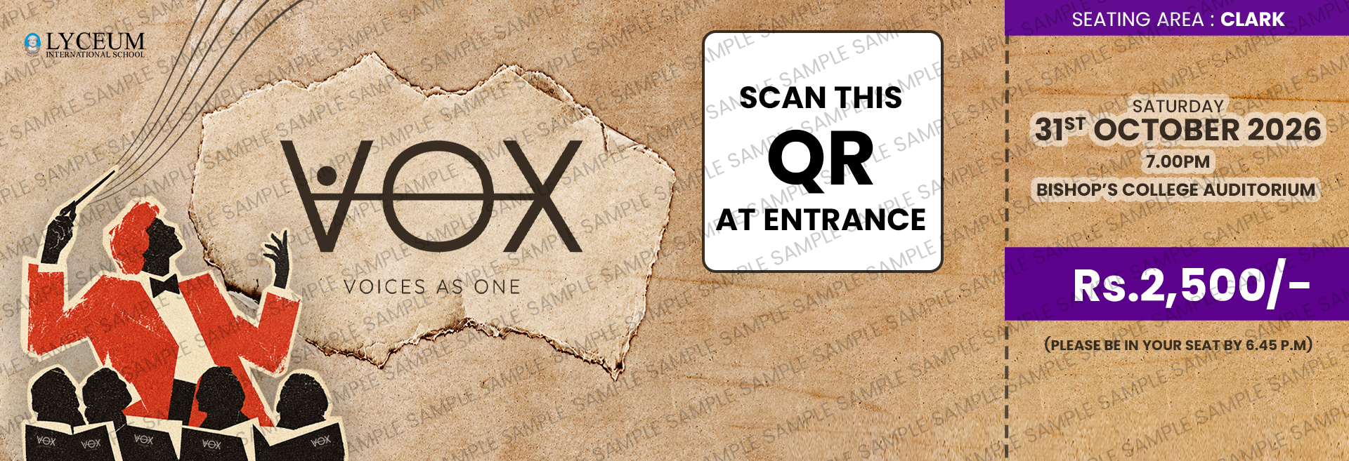 VOX Choral Concert Ticket Lyceum 2026 Clark Section Lyceum VOX choral concert digital ticket, Clark section, Bishops College Auditorium, October 2026.