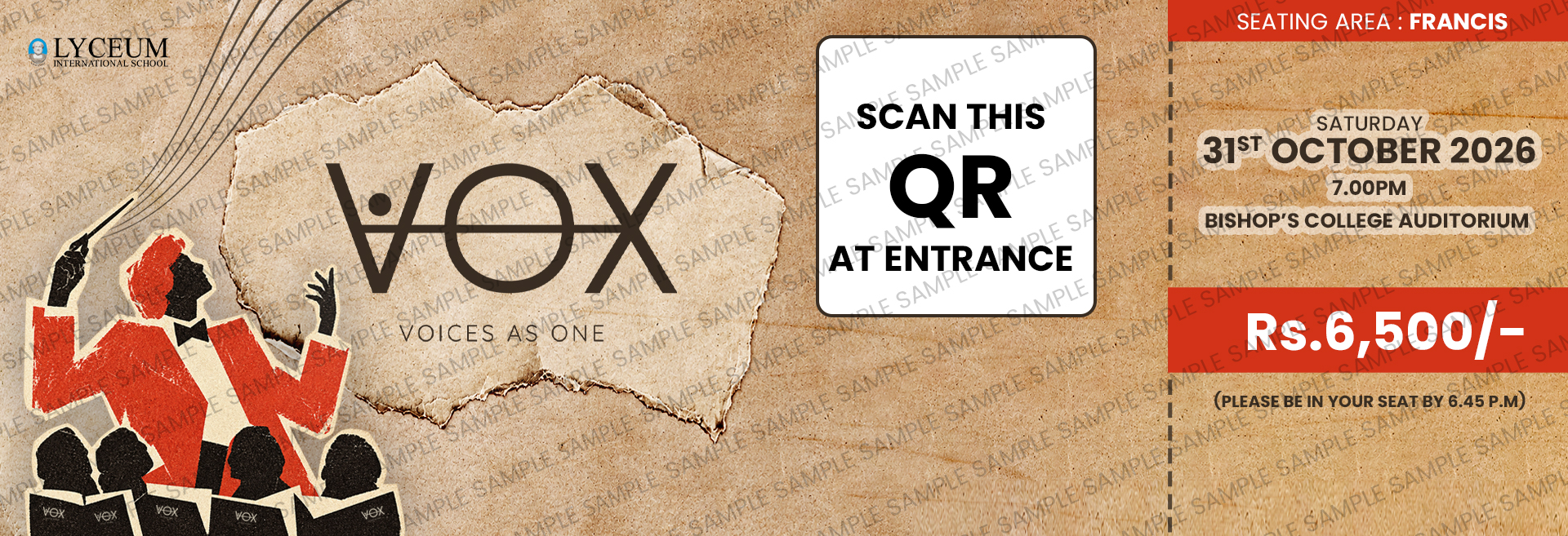 VOX Voices As One Concert Ticket Francis Section 2026 Lyceum VOX Voices As One concert ticket, Francis section, Bishop’s College Auditorium, October 2026.