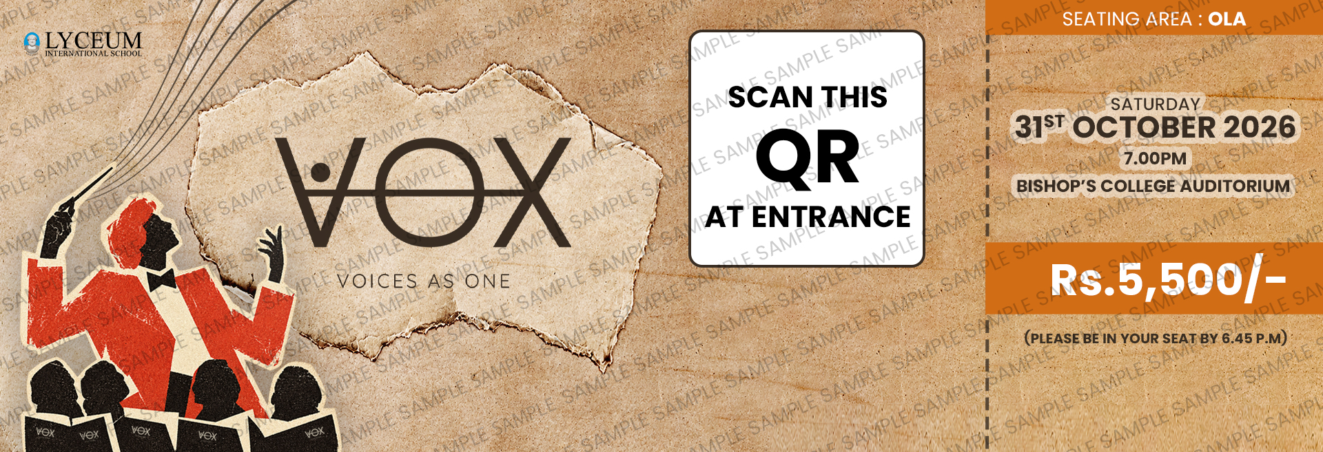 Lyceum VOX Choir Concert Ticket With QR Code and Event Details Lyceum VOX choir concert ticket with QR code, seating details, date, time, and price.