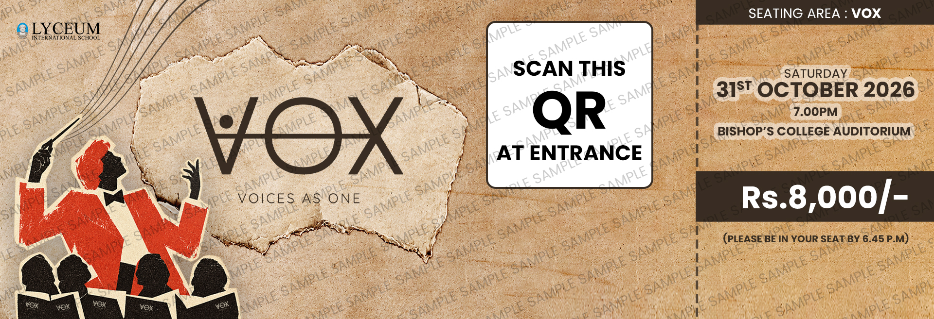 VOX Voices As One Concert Ticket Lyceum International School 2026 Choral concert ticket for VOX Voices As One by Lyceum International School, October 2026 event.