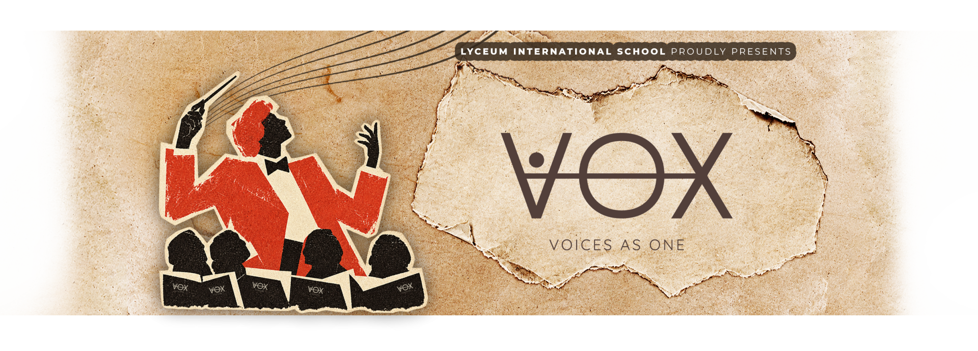 VOX Choir Festival Banner — Voices as One Event Invitation Lyceum International School choir event banner—VOX Voices as One, conductor leading singers illustration.